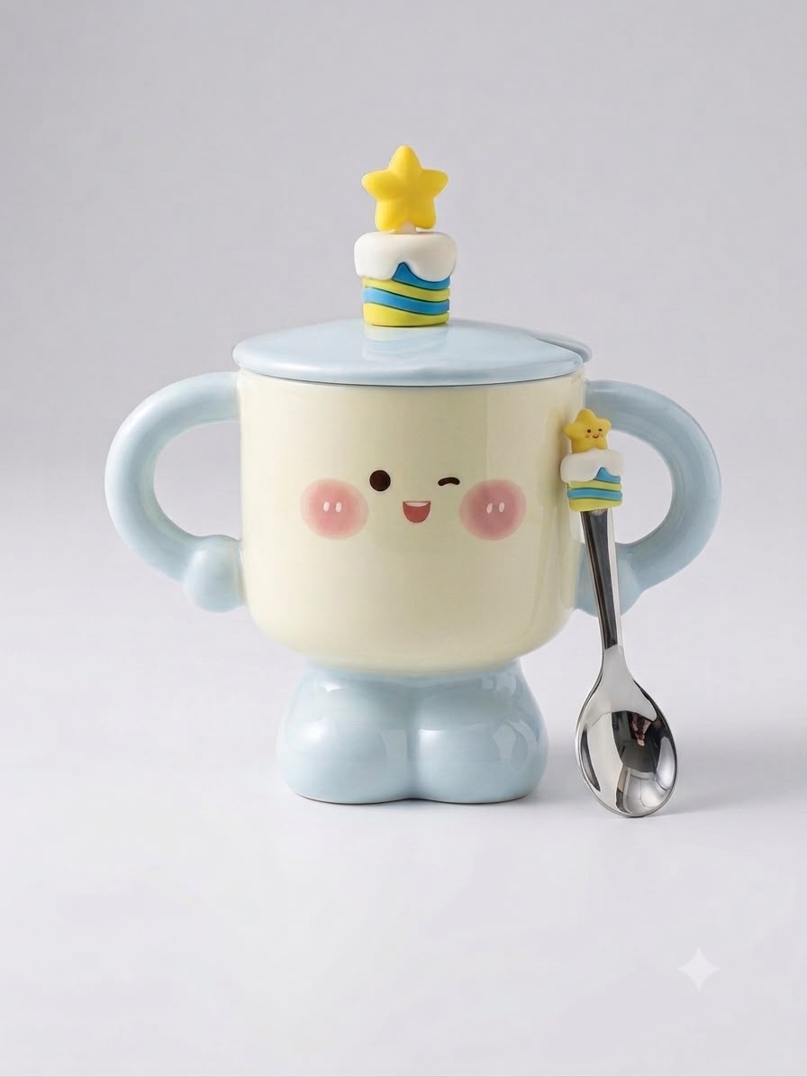 Cute Cartoon Ceramic Mug With Lid & Spoon
