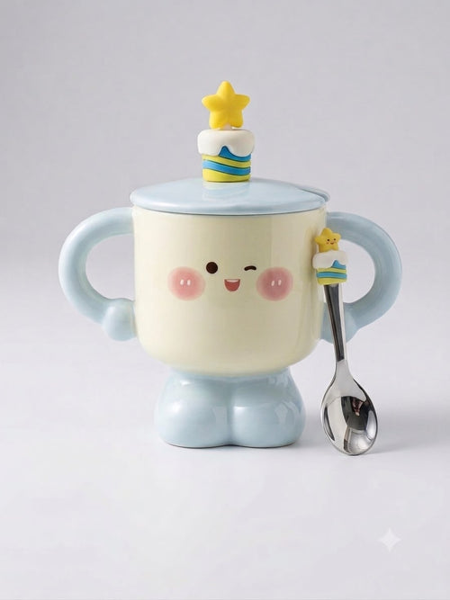 Cute Cartoon Ceramic Mug With Lid & Spoon