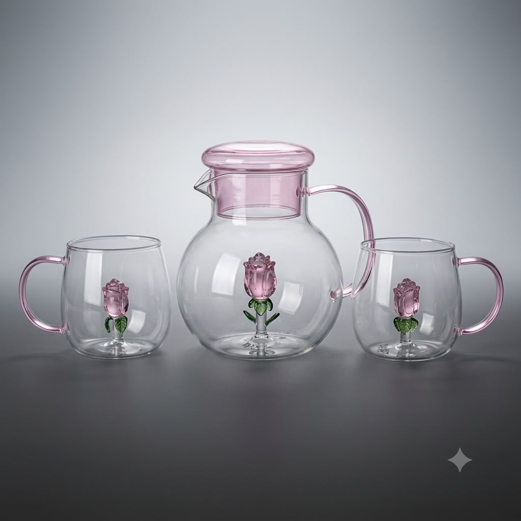 Pink Flower Glass Jug & 6 Glass set