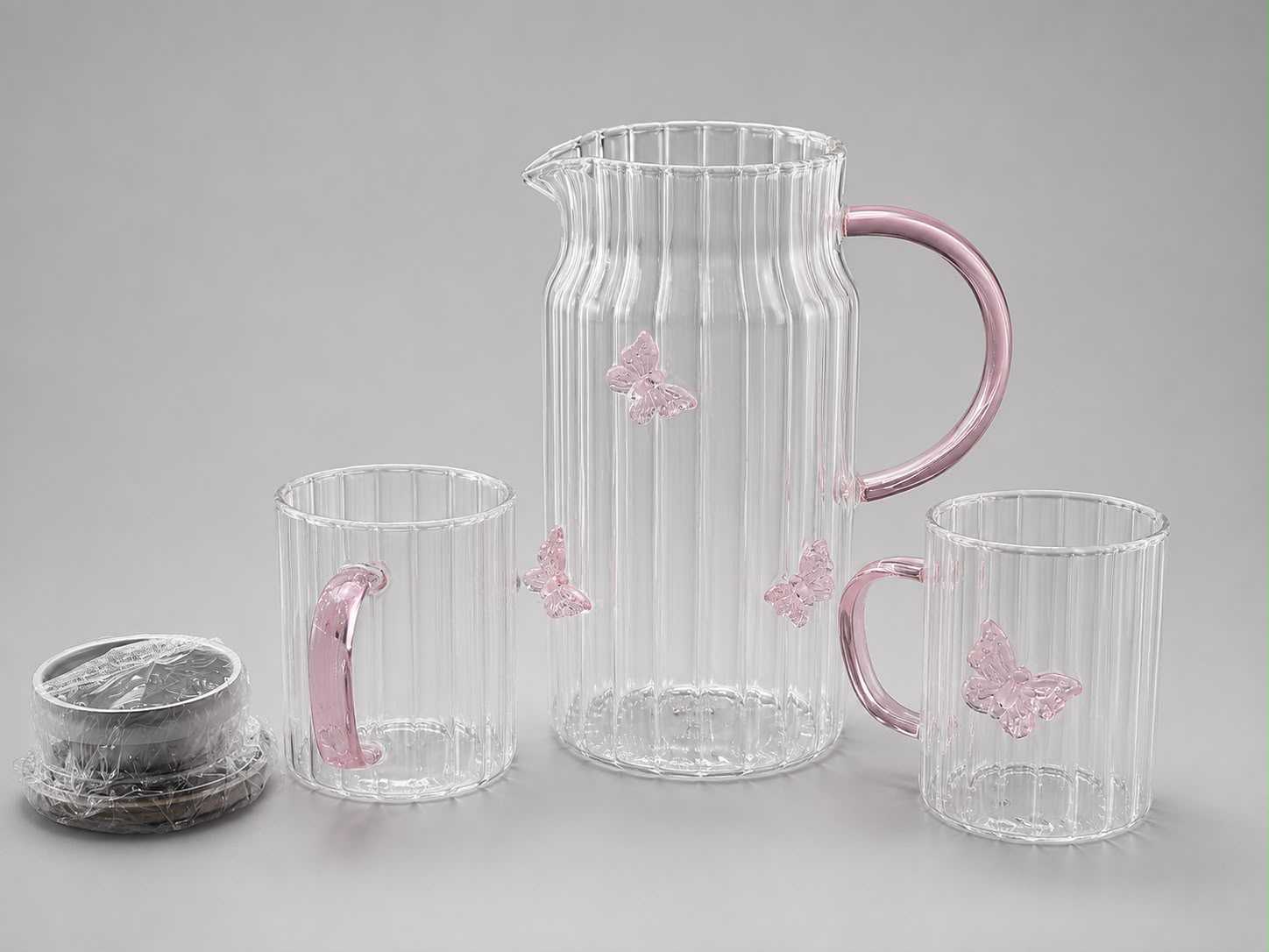 Pink Butterfly Glass Jug & 6 Glass Set