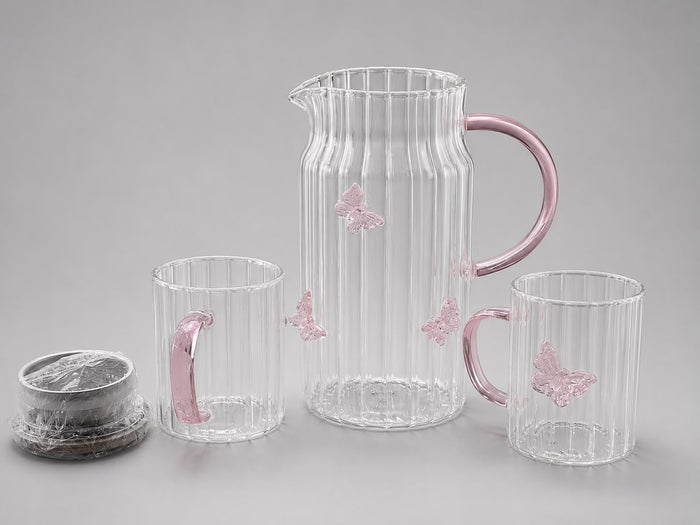 Pink Butterfly Glass Jug & 6 Glass Set
