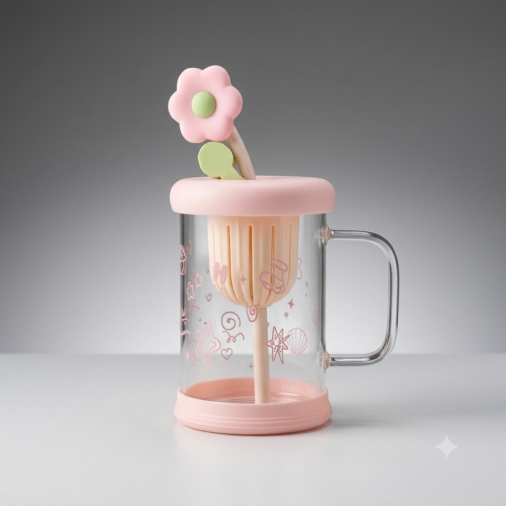 Flower Glass Mug With Straw