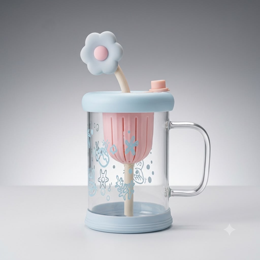 Flower Glass Mug With Straw