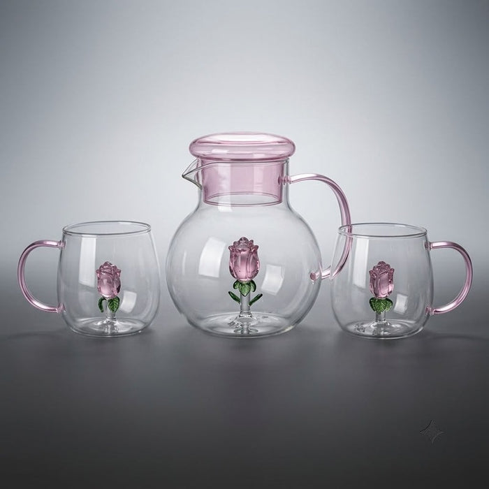 Pink Flower Glass Jug & 6 Glass set