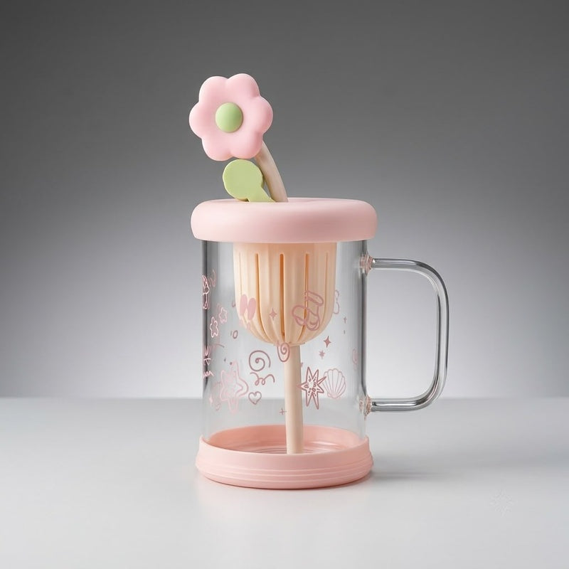 Flower Glass Mug With Straw