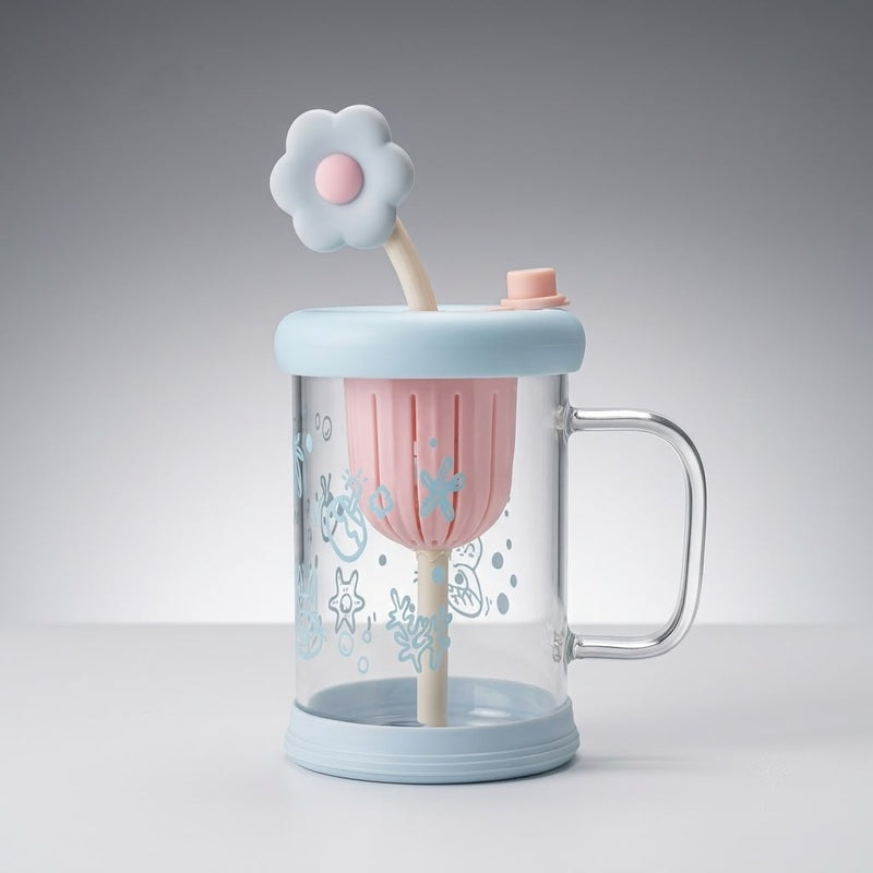 Flower Glass Mug With Straw